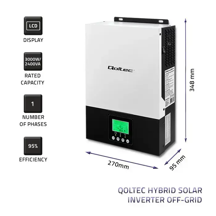 Qoltec Hybrid Solar Inverter Off-Grid 3kVA | 2.4kW | 80A | MPPT | AGM GEL | Sinus Photo