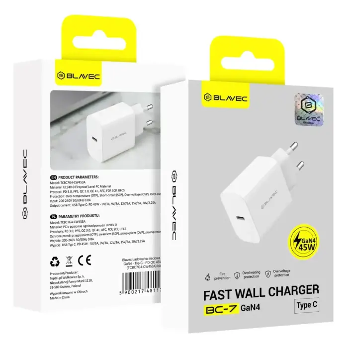 Blavec Wall charger BC-7 GaN4 - Type C - PD QC 45W 3A (TCBC7G4-CW453A) white Photo