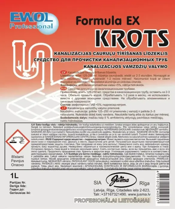 Kanalizācijas cauruļu tīrīšanas līdzeklis EWOL Professional Formula EX Krot,1 L Foto 3