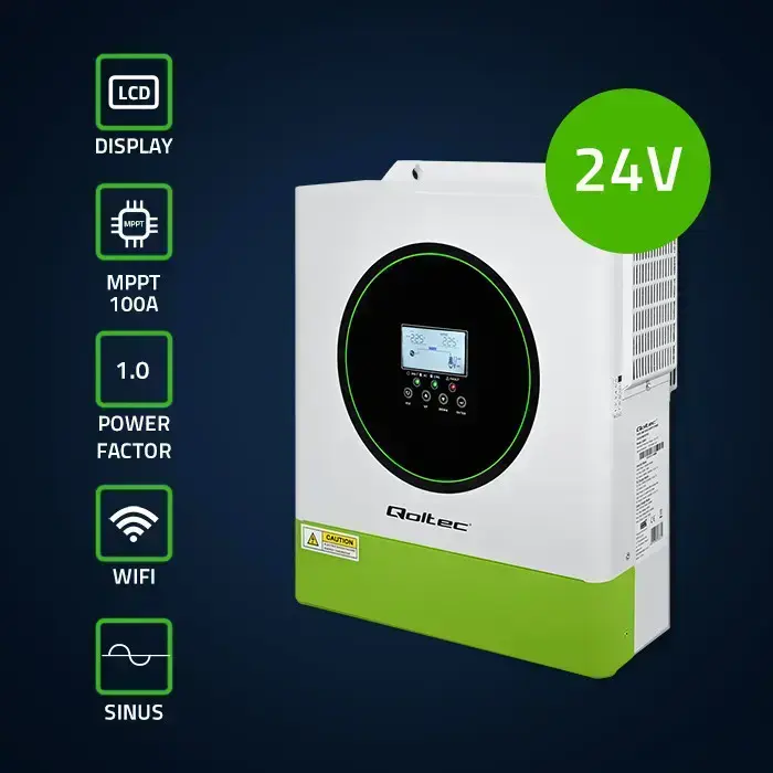 Qoltec Hybrid Solar Inverter Off-Grid 3500W | 100A | 24V| MPPT | BMS |  AGM GEL LiFePO4 | Wi-Fi option | Sinus | Power factor 1.0  Foto 3