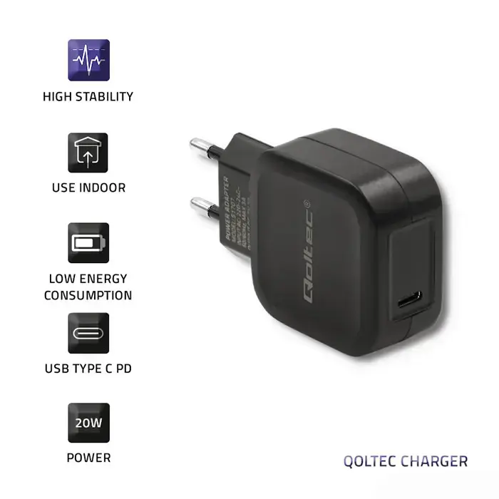 Qoltec Charger | 20W | 5-12V | 1.67-3A | USB type C | PD | Black Photo