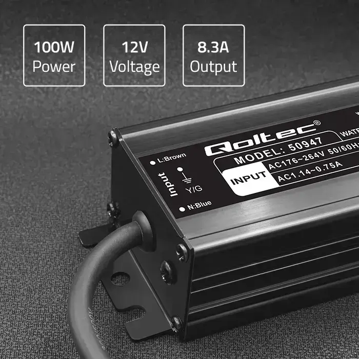 Qoltec LED Driver IP67 100W | 12V | 8.3A | Waterproof | Black Фото num
