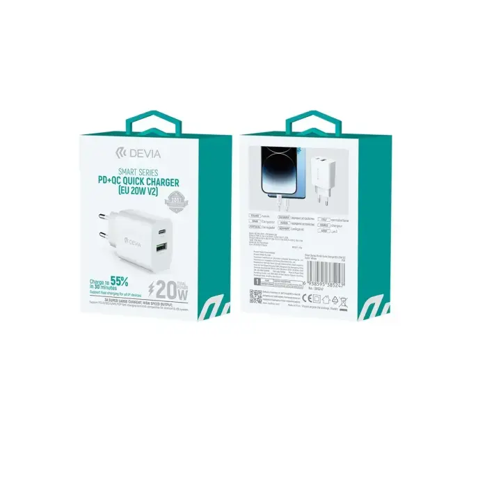 Devia wall charger Smart PD 1x USB-C 1x USB 20W white Photo