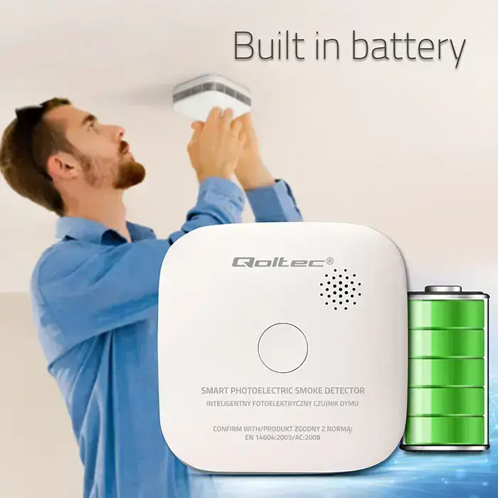 Qoltec Certified Wireless Smoke Detector with Battery | Sensor life: 10 years | Battery life: 10 years | Alarm: 85dB | LED Foto 2