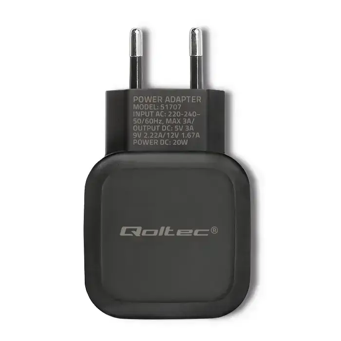 Qoltec Charger | 20W | 5-12V | 1.67-3A | USB type C | PD | Black Photo